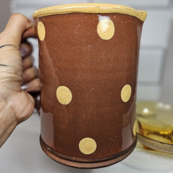 Antique Wisconsin ERIC ANDERSON RED Slip Ware Art Pottery Picher Jug Yellow Dot - Picture 10 of 12